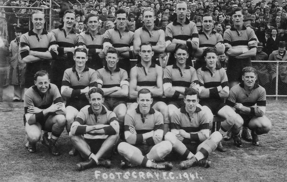 HERO_061119Collins.jpg Alan Collins (front row, centre), played 99 games for Footscray between 1939 and 1946. - Western Bulldogs